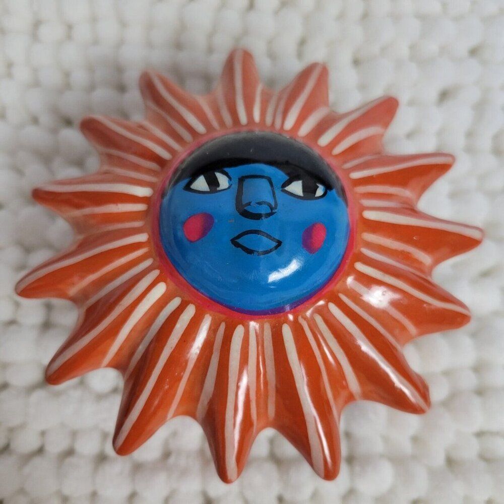 Mexican Red Clay Pottery SUN dish lid hand painted trinket box jewelry Folk Art